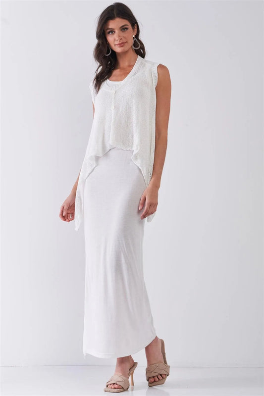 Boho White Maxi Dress With Crochet Sleeveless Poncho - Tasha Apparel Wholesale