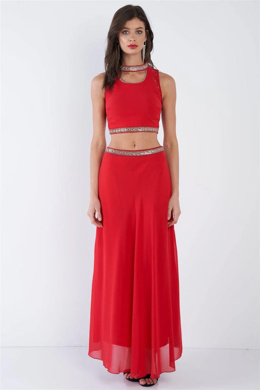Red Gold & Silver Embroidered Lace Trim Halter Neck Crop & Midi Semi-Sheer Skirt Set /2-2-2 - Tasha Apparel Wholesale