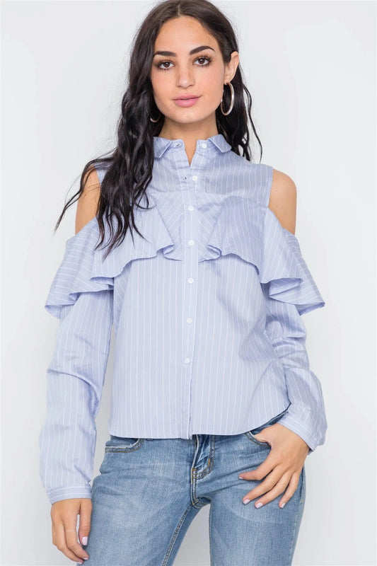 Powder Blue Stripe Cold Shoulder Button Down Top /3-2-1 - Tasha Apparel Wholesale