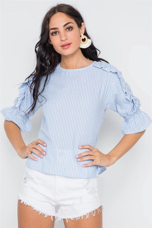 Powder Blue Stripe 3/4 Sleeve Ruffle Layer Top - Tasha Apparel Wholesale