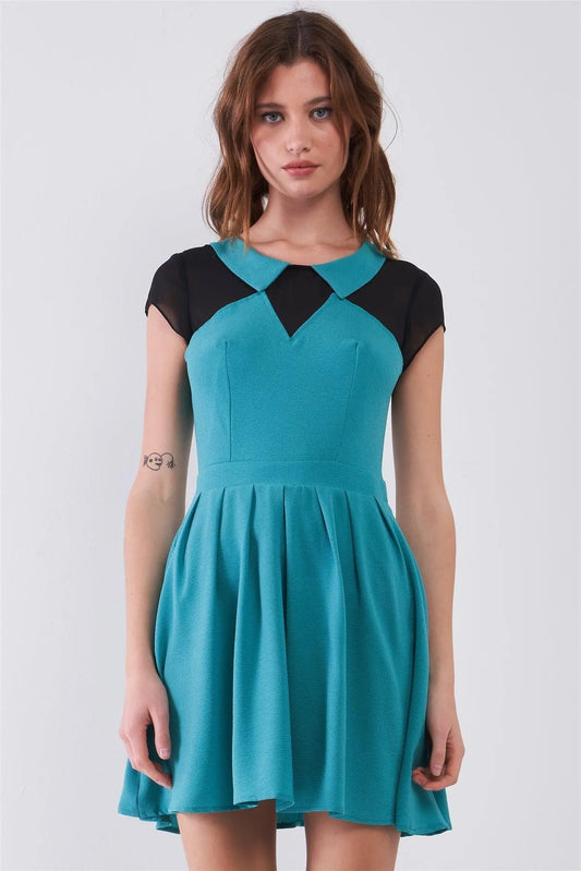 Teal & Black Color Block Sheer Collared Neck Short Sleeve A-Line Mini Dress /2-1-2-1 - Tasha Apparel Wholesale