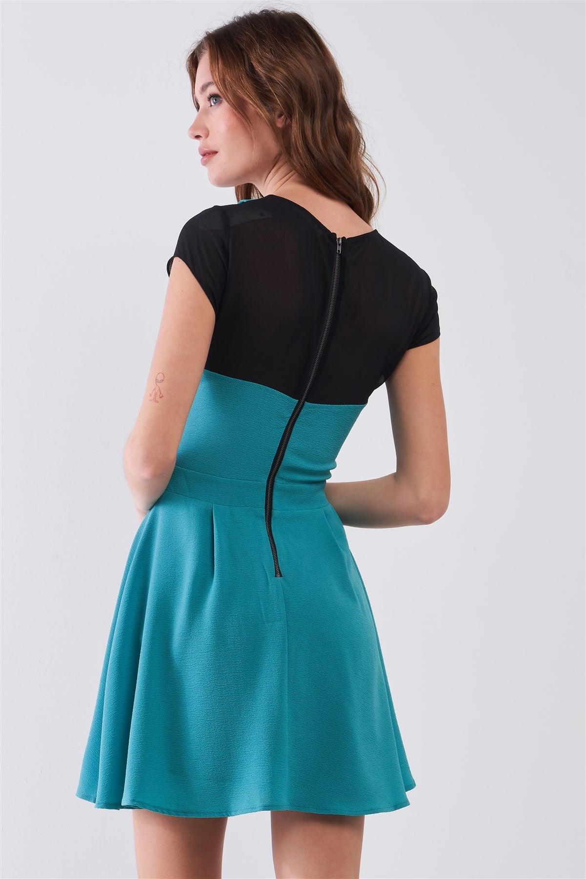 Teal & Black Color Block Sheer Collared Neck Short Sleeve A-Line Mini Dress /2-1-2-1
