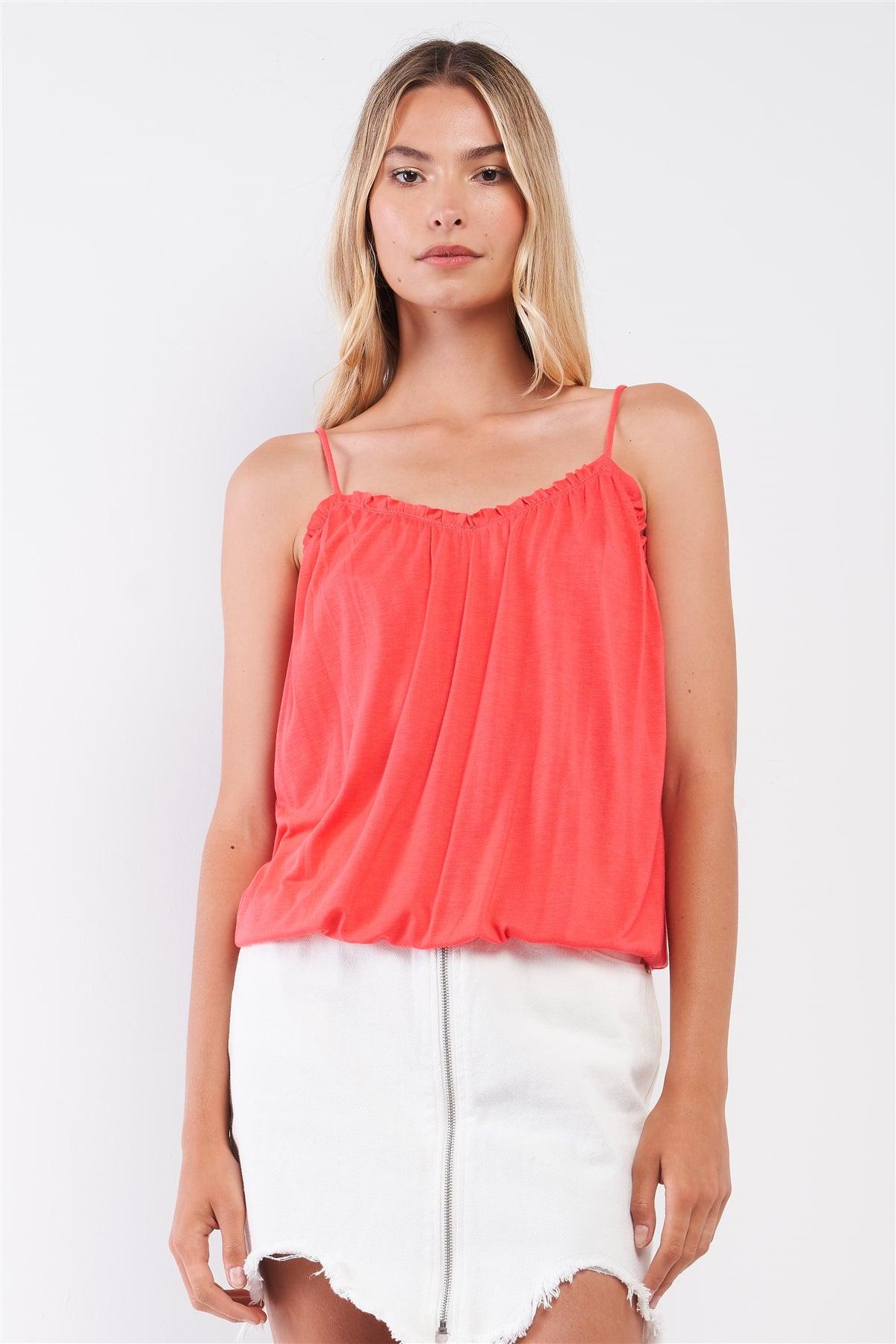 Coral Sleeveless Frill Trim Round Neck Relaxed Cami Top /2-1-2-1