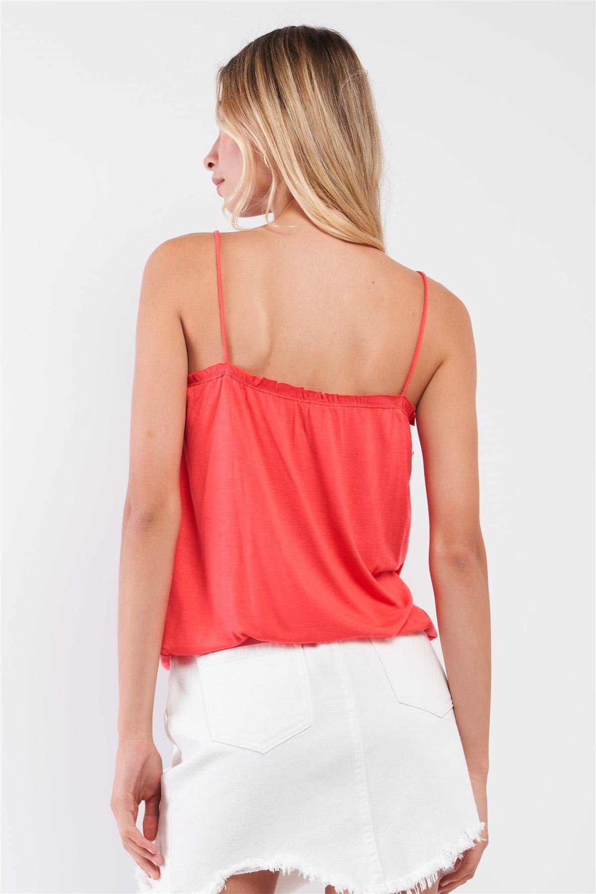 Coral Sleeveless Frill Trim Round Neck Relaxed Cami Top /2-1-2-1