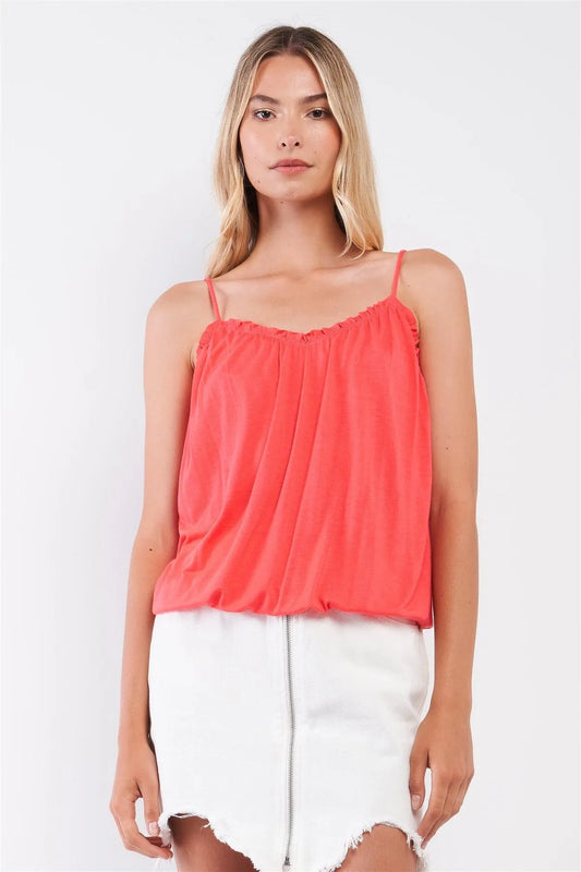 Coral Sleeveless Frill Trim Round Neck Relaxed Cami Top /2-3-1 - Tasha Apparel Wholesale