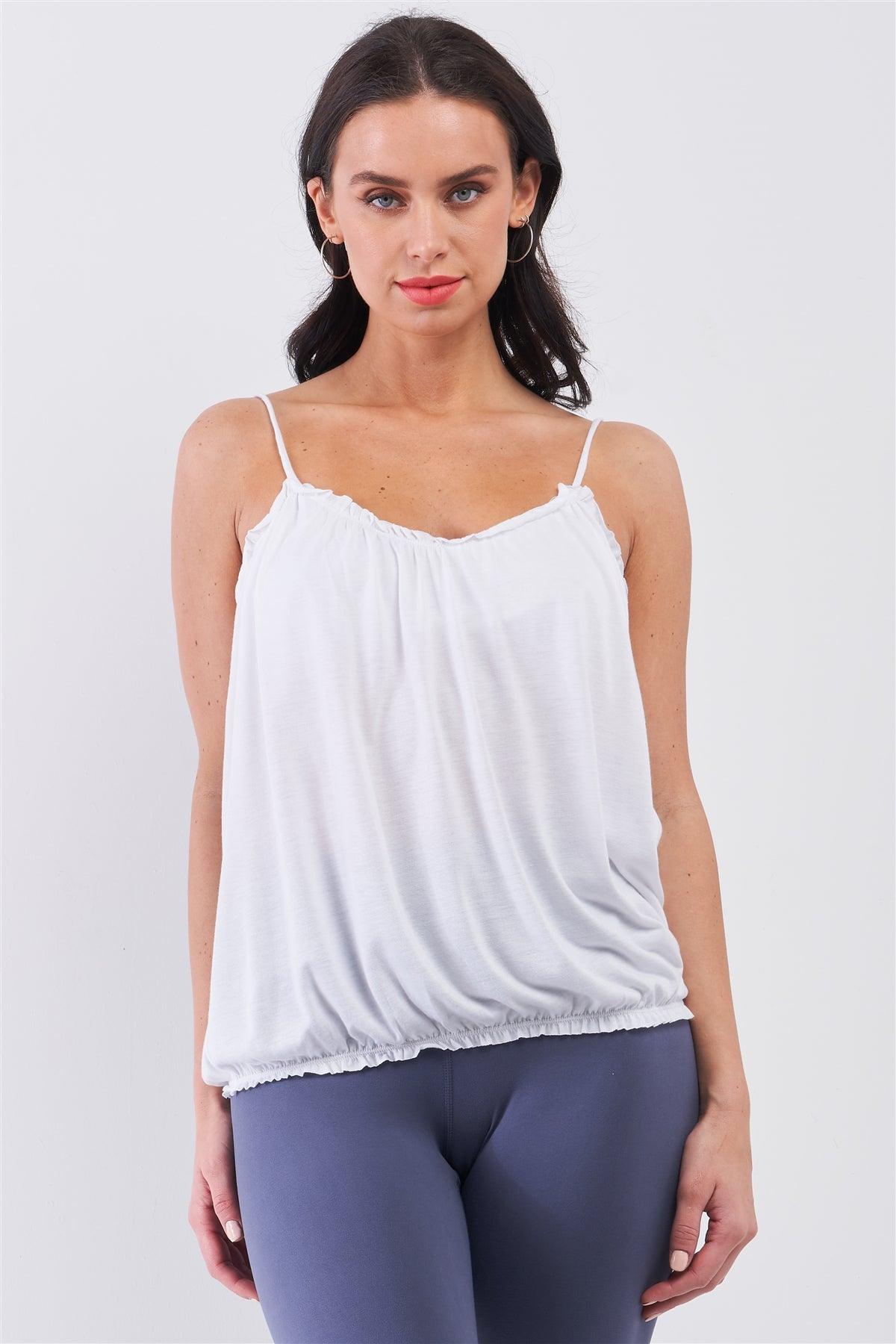 White Sleeveless Frill Trim Round Neck Relaxed Cami Top /1-3-2-1
