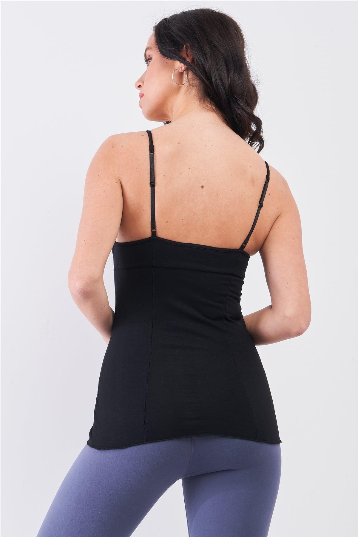 Black Sleeveless V-Neck Stitching Detail Basic Cami Top /1-1-1-2-1