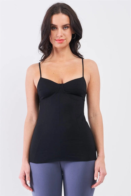Black Sleeveless V-Neck Stitching Basic Camisole - Tasha Apparel Wholesale