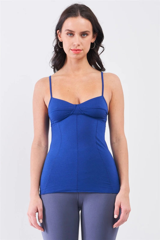 Blue Pop Sleeveless V-Neck Stitching Detail Basic Cami Top /1-2-3-2 - Tasha Apparel Wholesale