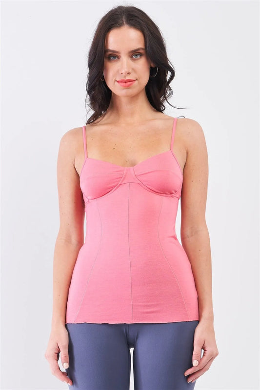 Coral Pink Sleeveless V-Neck Stitching Basic Camisole - Tasha Apparel Wholesale
