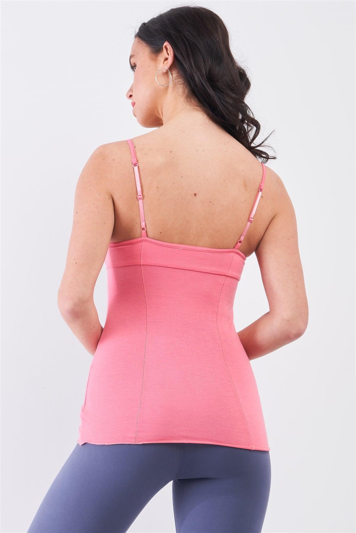Coral Pink Sleeveless V-Neck Stitching Detail Basic Cami Top