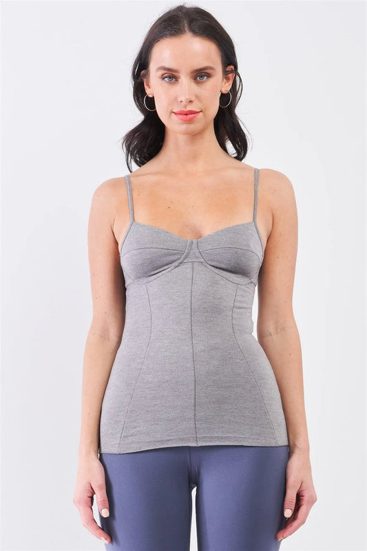 Heather Grey Sleeveless V-Neck Stitching Detail Basic Cami Top /2-1-1-1-1 - Tasha Apparel Wholesale