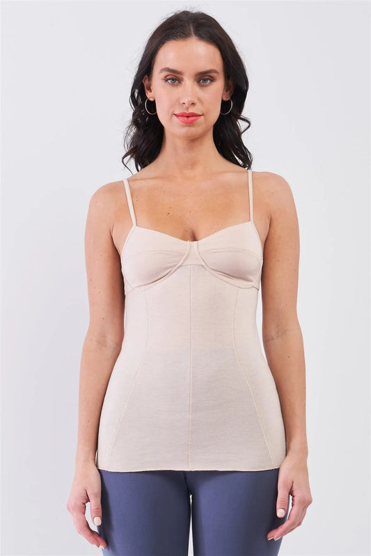 Nude Sleeveless V-Neck Stitching Detail Basic Cami Top - Tasha Apparel Wholesale