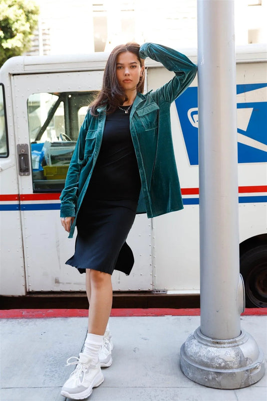 Teal Corduroy Velvet Oversized Collared Shirt /2-2-2 - Tasha Apparel Wholesale