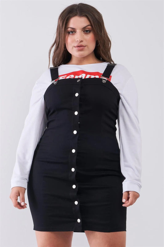 Plus Size Black Denim Front Snap Pinafore Mini Dress - Tasha Apparel Wholesale