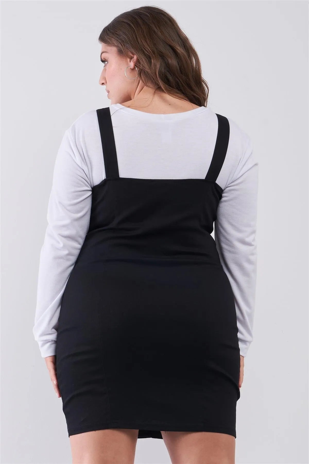 Plus Size Black Denim Front Snap Pinafore Mini Dress Plus Size Black Denim Front Snap Pinafore Mini Dress