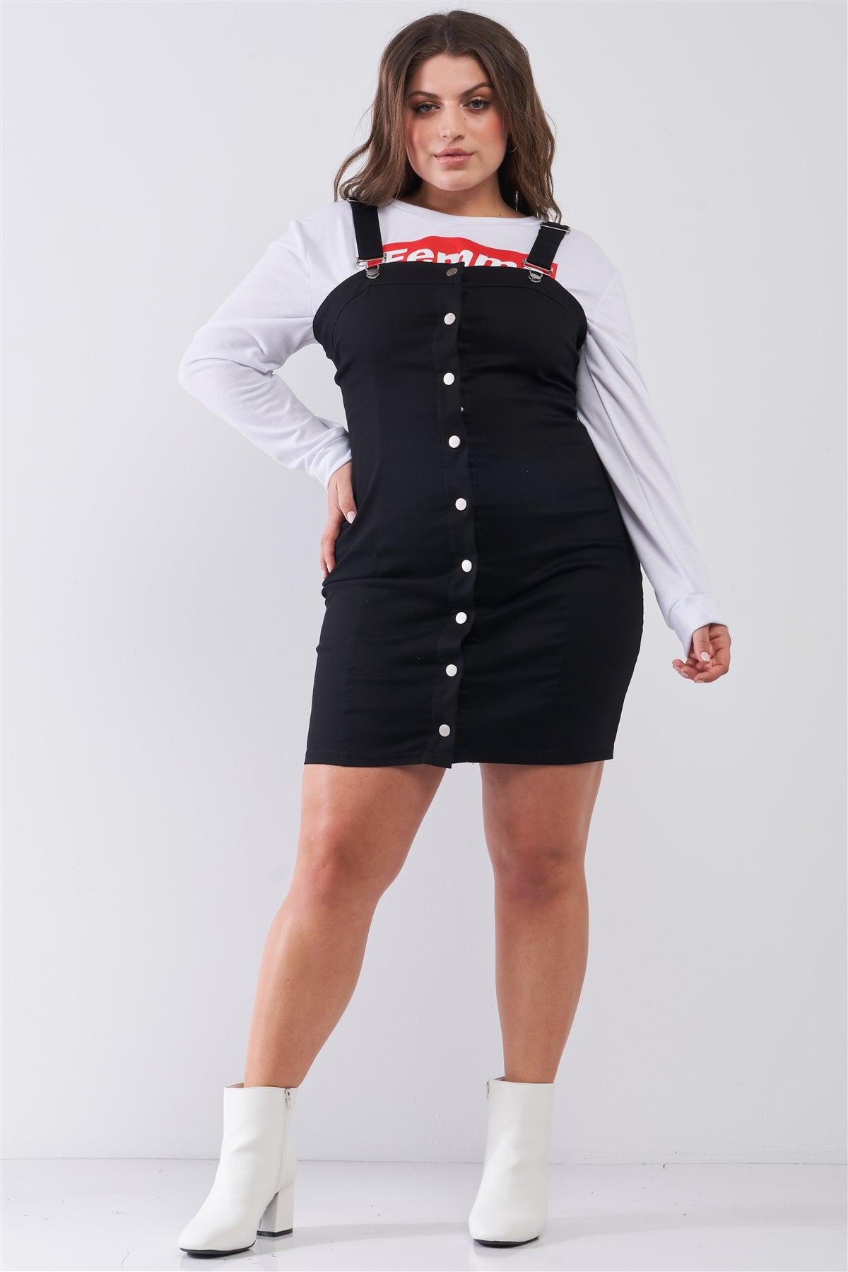 Junior Plus Black Denim Sleeveless Front Snap Button Down Pinafore Mini Dress