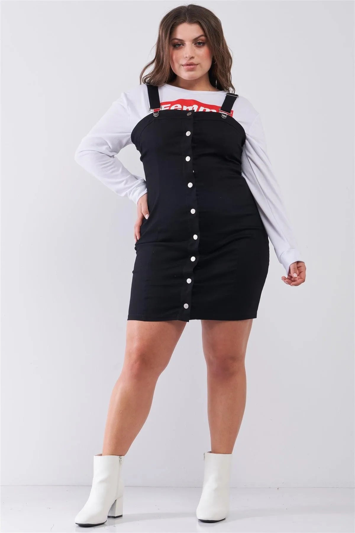 Plus Size Black Denim Front Snap Pinafore Mini Dress Plus Size Black Denim Front Snap Pinafore Mini Dress