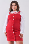 Junior Plus Red Denim Sleeveless Front Snap Button Down Pinafore Mini Dress /3-2-1