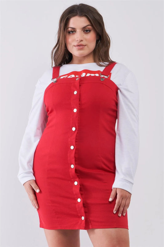Plus Size Denim Front Button Down Pinafore Mini Dress - Tasha Apparel Wholesale