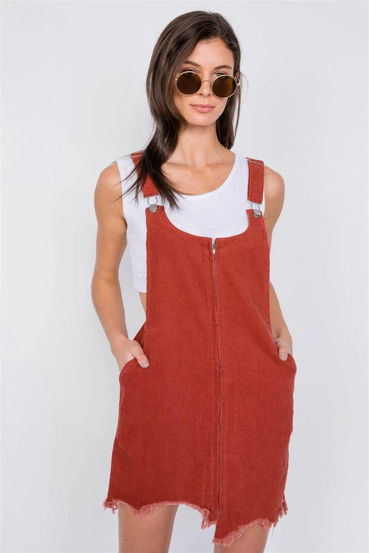 Rust Front Zipper Shark Bite Raw Hem Mini Overall Corduroy Dress /3-2-1 - Tasha Apparel Wholesale