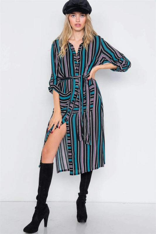 Black Combo Stripe Button Down Side Slit Midi Shirt Dress /2-2-2 - Tasha Apparel Wholesale