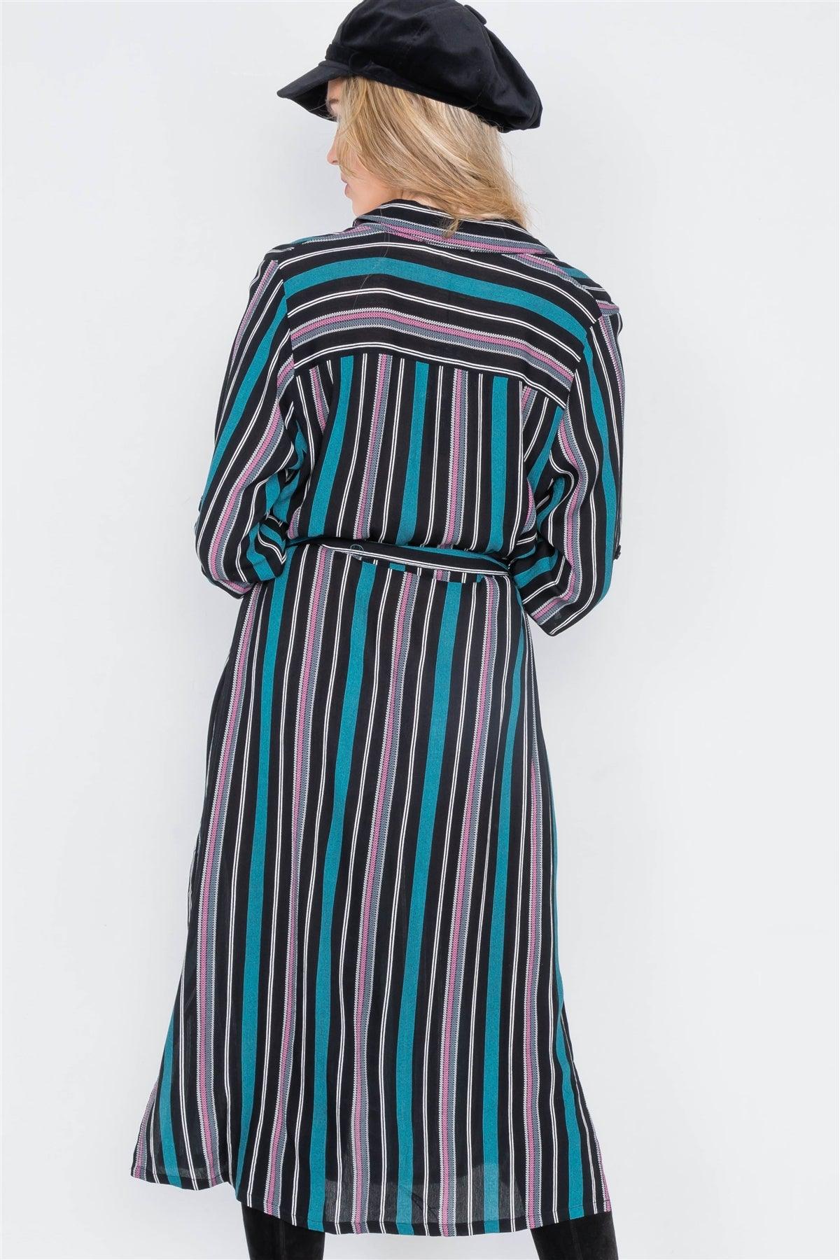Black Combo Stripe Button Down Side Slit Midi Shirt Dress /2-2-2