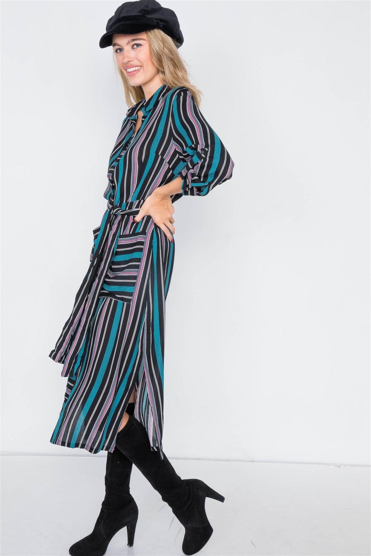 Black Combo Stripe Button Down Side Slit Midi Shirt Dress /2-2-2