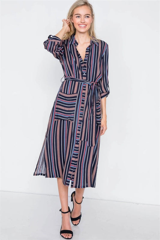 Navy Combo Stripe Button Down Side Slit Midi Shirt Dress /2-2-2 - Tasha Apparel Wholesale