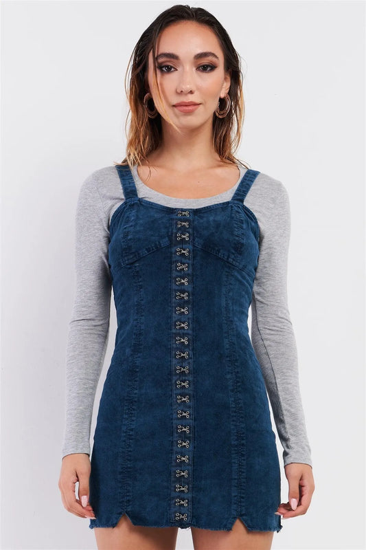 Navy Washed Suede Front Mock Hook & Eye Bustier Mini Dress - Tasha Apparel Wholesale