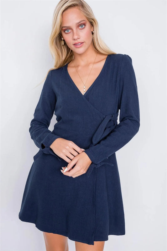 Navy Cotton V-Neck Wrap Boho Chic Mini Dress /2-2-2 - Tasha Apparel Wholesale