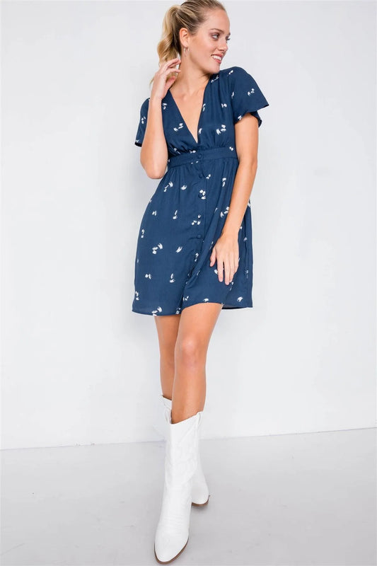 Navy Flutter Sleeve Button Down V-Neck Mini Dress /3-2-1 - Tasha Apparel Wholesale