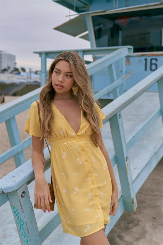 Yellow Flutter Sleeve Button Down V-Neck Mini Dress /3-2-1 - Tasha Apparel Wholesale
