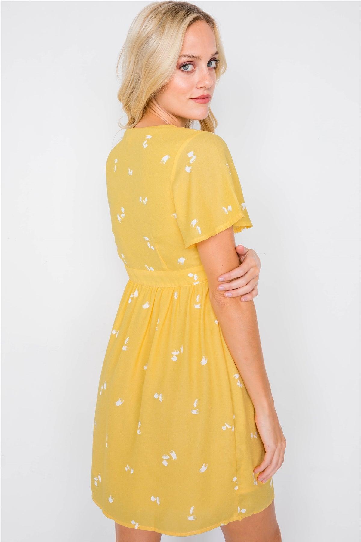 Yellow Flutter Sleeve Button Down V-Neck Mini Dress  /3-2-1