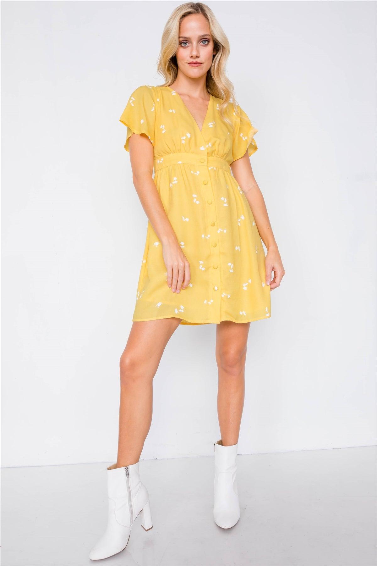 Yellow Flutter Sleeve Button Down V-Neck Mini Dress  /3-2-1