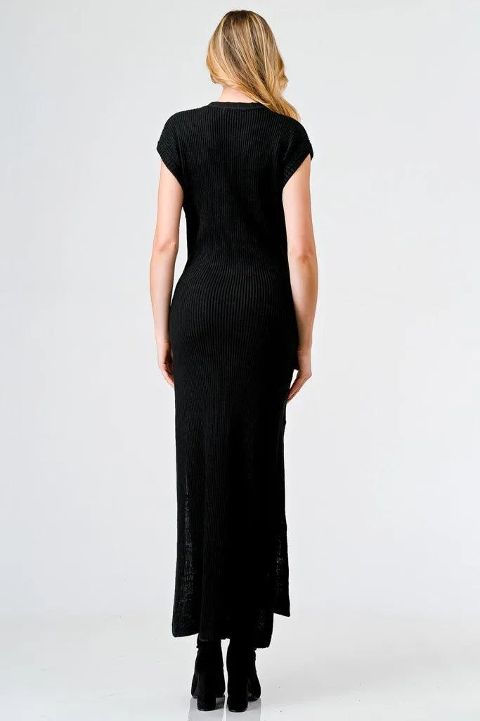 Black Knit Button-Up Sleeveless Belted Midi Sweater Dress /3-2-1 - Tasha Apparel Wholesale