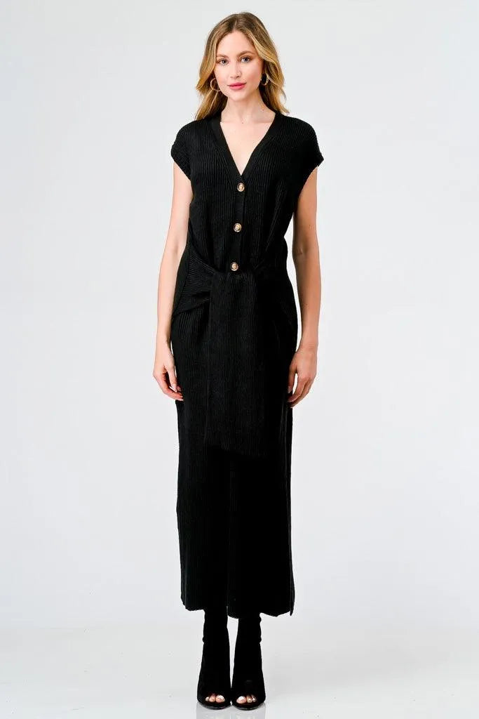 Black Knit Button-Up Sleeveless Belted Midi Sweater Dress /3-2-1 - Tasha Apparel Wholesale