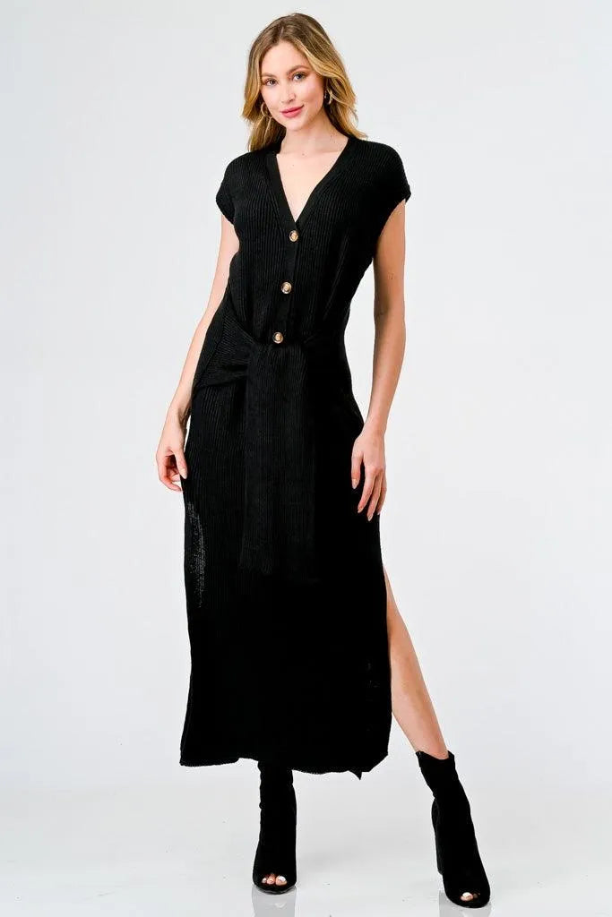 Black Knit Button-Up Sleeveless Belted Midi Sweater Dress /3-2-1 - Tasha Apparel Wholesale