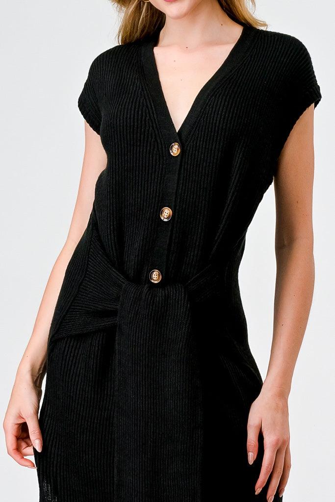 Black Knit Button-Up Sleeveless Belted Midi Sweater Dress /3-2-1
