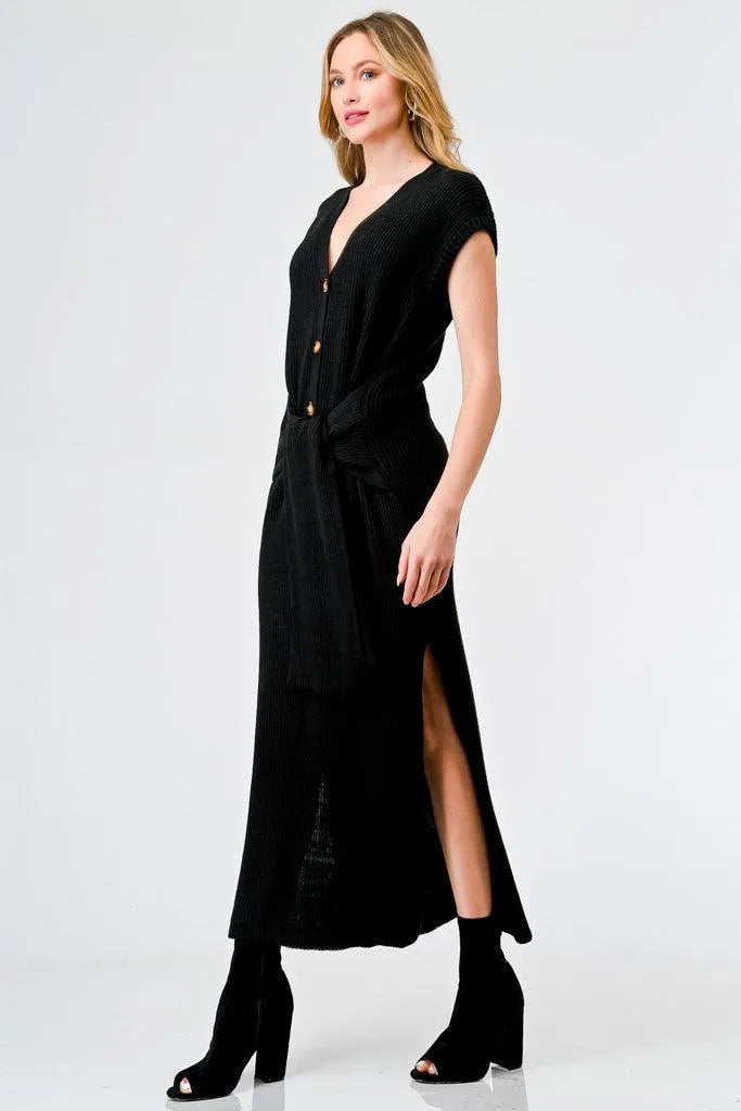 Black Knit Button-Up Sleeveless Belted Midi Sweater Dress /3-2-1 - Tasha Apparel Wholesale
