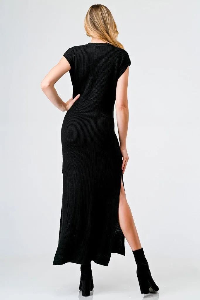 Black Knit Button-Up Sleeveless Belted Midi Sweater Dress /3-2-1 - Tasha Apparel Wholesale