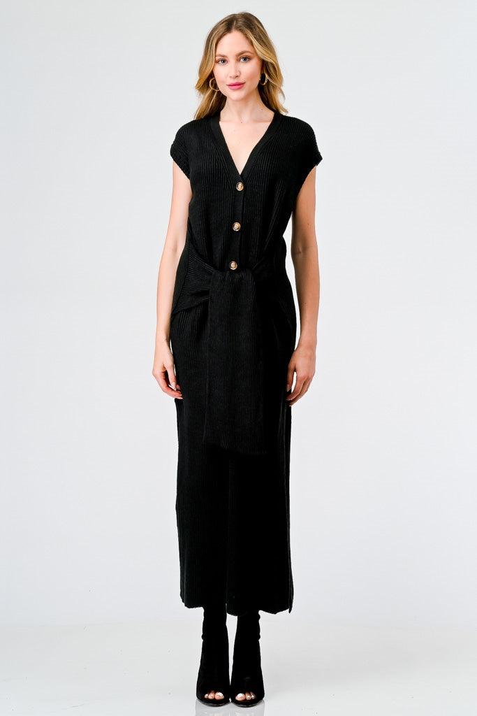 Black Knit Button-Up Sleeveless Belted Midi Sweater Dress /4-2-1