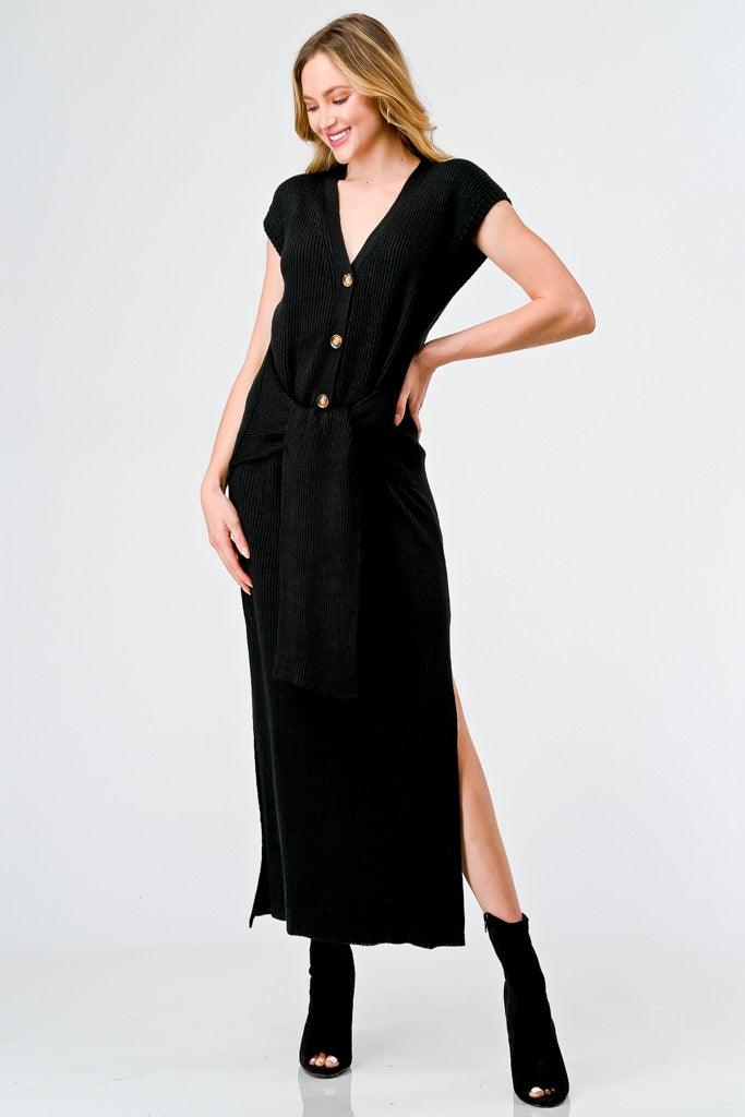 Black Knit Button-Up Sleeveless Belted Midi Sweater Dress /4-2-1