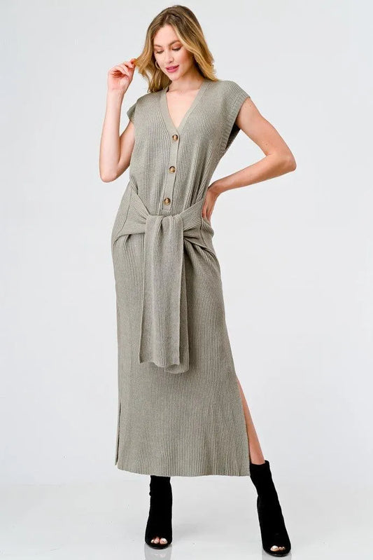 Dusty Olive Knit Button-Up Sleeveless Belted Midi Sweater Dress /3-2-1 - Tasha Apparel Wholesale