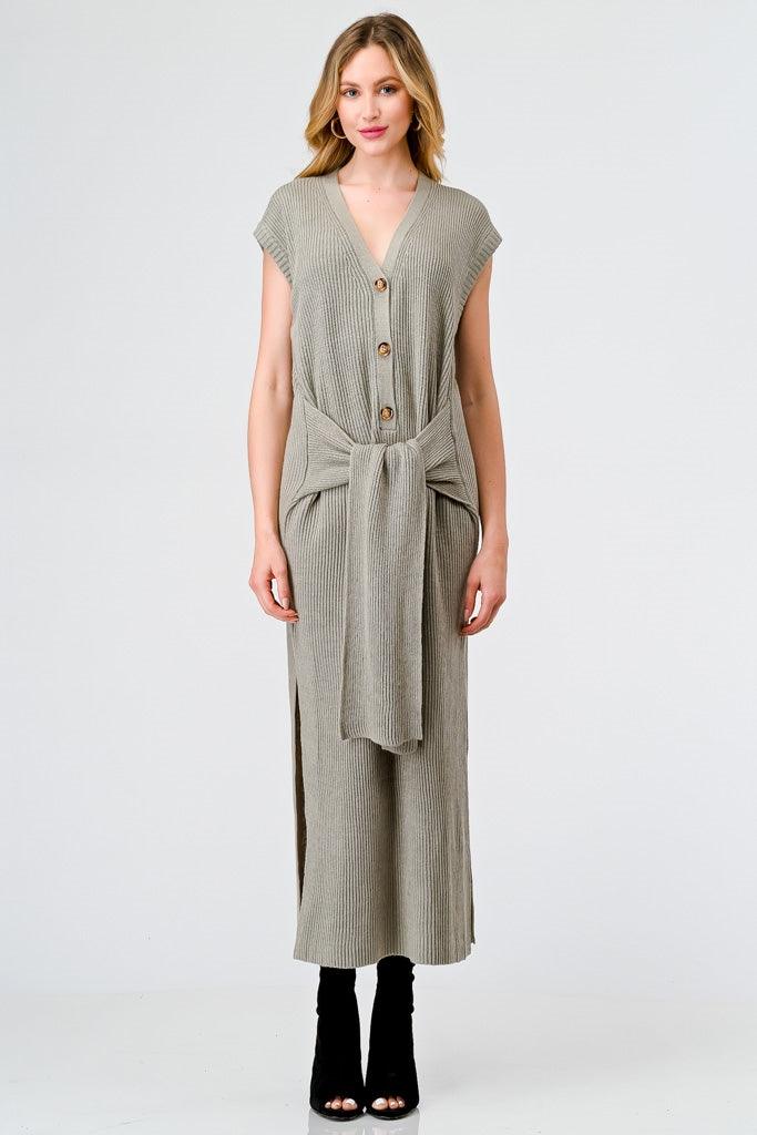 Dusty Olive Knit Button-Up Sleeveless Belted Midi Sweater Dress /3-2-1