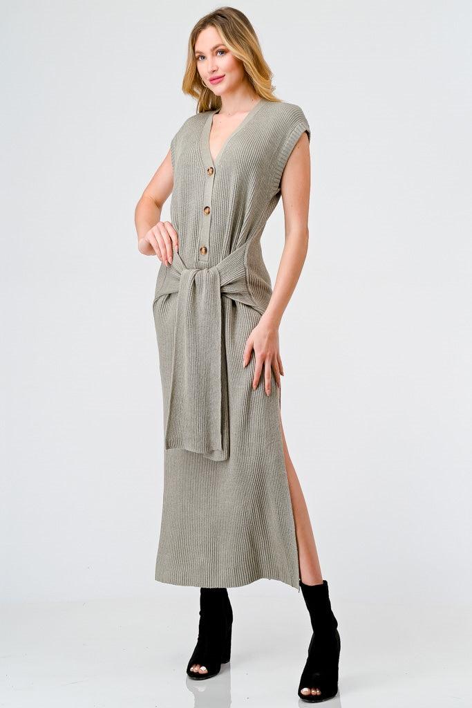 Dusty Olive Knit Button-Up Sleeveless Belted Midi Sweater Dress /3-2-1
