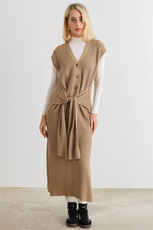 Mocha Knit Button-Up Sleeveless Belted Midi Sweater Dress /2-2-1 - Tasha Apparel Wholesale