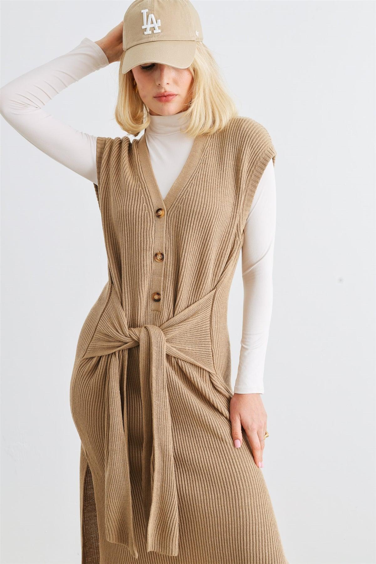 Mocha Knit Button-Up Sleeveless Belted Midi Sweater Dress /2-2-1