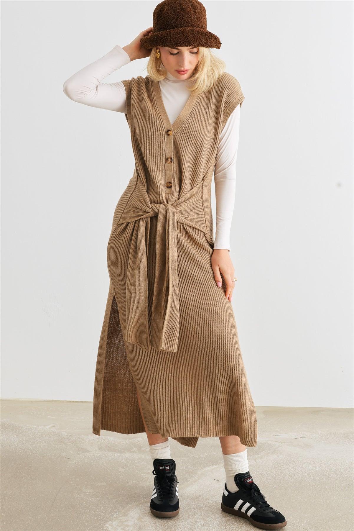Mocha Knit Button-Up Sleeveless Belted Midi Sweater Dress /3-2-1