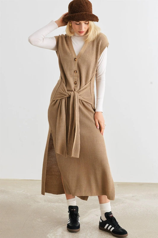 Mocha Knit Button-Up Sleeveless Belted Midi Sweater Dress /3-2-1 - Tasha Apparel Wholesale
